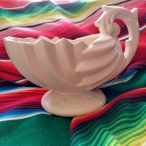 Vintage McCoy draped vase or planter, off white with curved handle, very good